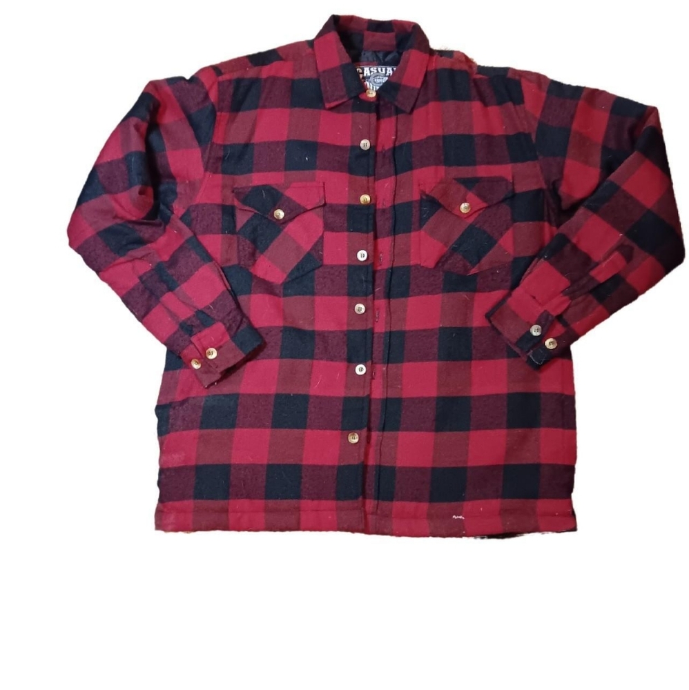 Men's Red and black plaid flannel jacket with quilted lining Mens M #grungevibes